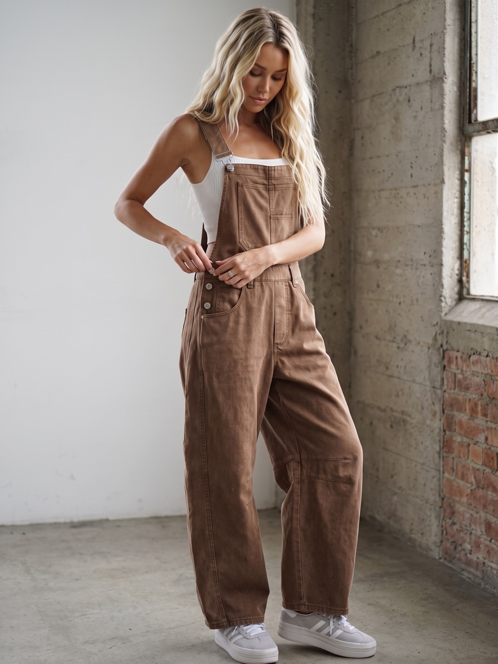 Washed Brown Eesome Barrel Horseshoe Jumpsuit Overalls
